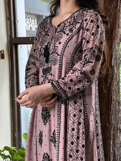 Plum Black Shade Malmal Pearl Work Chikankari Anarkali