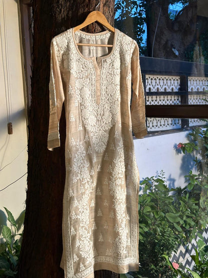 Natural Tussar Silk Chikankari Ready to Wear Straight Kurta