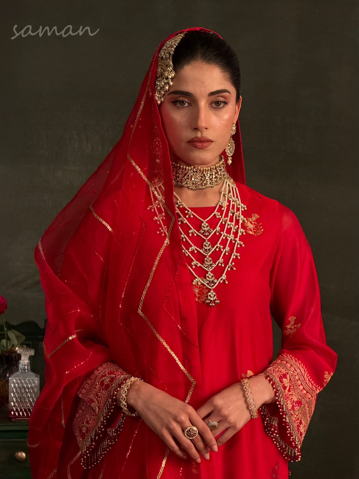 Red Katan Zari Chanderi Chikankari Kurta with Organza Dupatta & Sharara