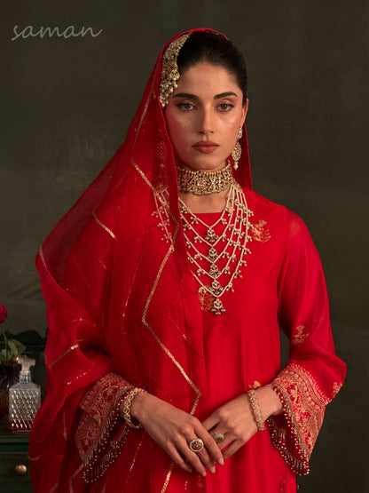 Red Katan Zari Chanderi Chikankari Kurta with Organza Dupatta & Sharara
