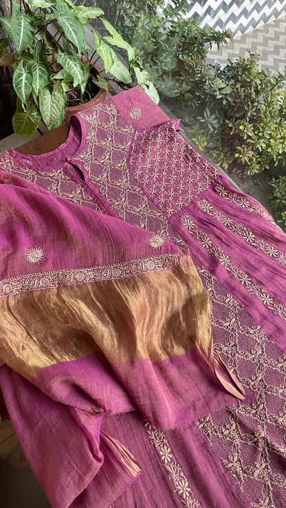 Solid Pink Shade | Tissue Silk Chikankari Jaali Work Kurta Set