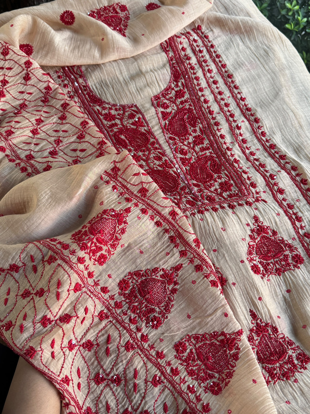 Beige & Red Mal Chanderi Silk Chikankari With Sequins Unstitched Kurta Dupatta Set
