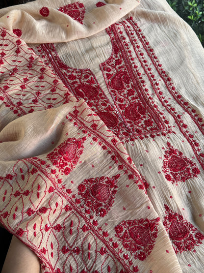 Beige & Red Mal Chanderi Silk Chikankari With Sequins Unstitched Kurta Dupatta Set