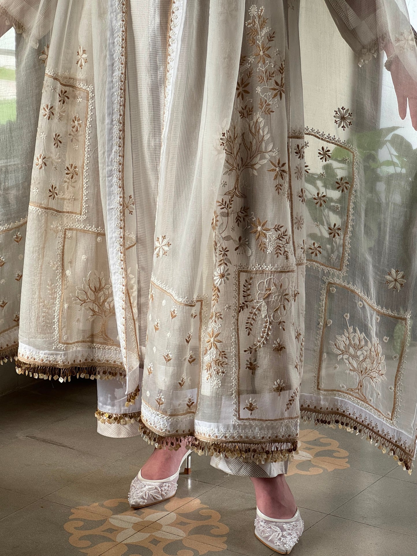 Ivory Kota Pattu Chikankari Suit Set with Organza Dupatta & Pearl Loop Buttons