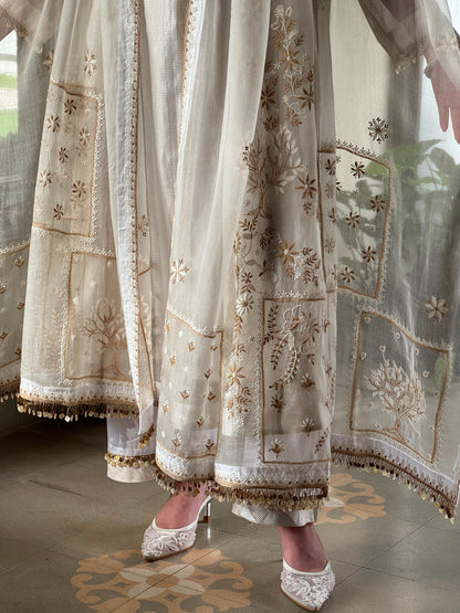 Ivory Kota Pattu Chikankari Suit Set with Organza Dupatta & Pearl Loop Buttons