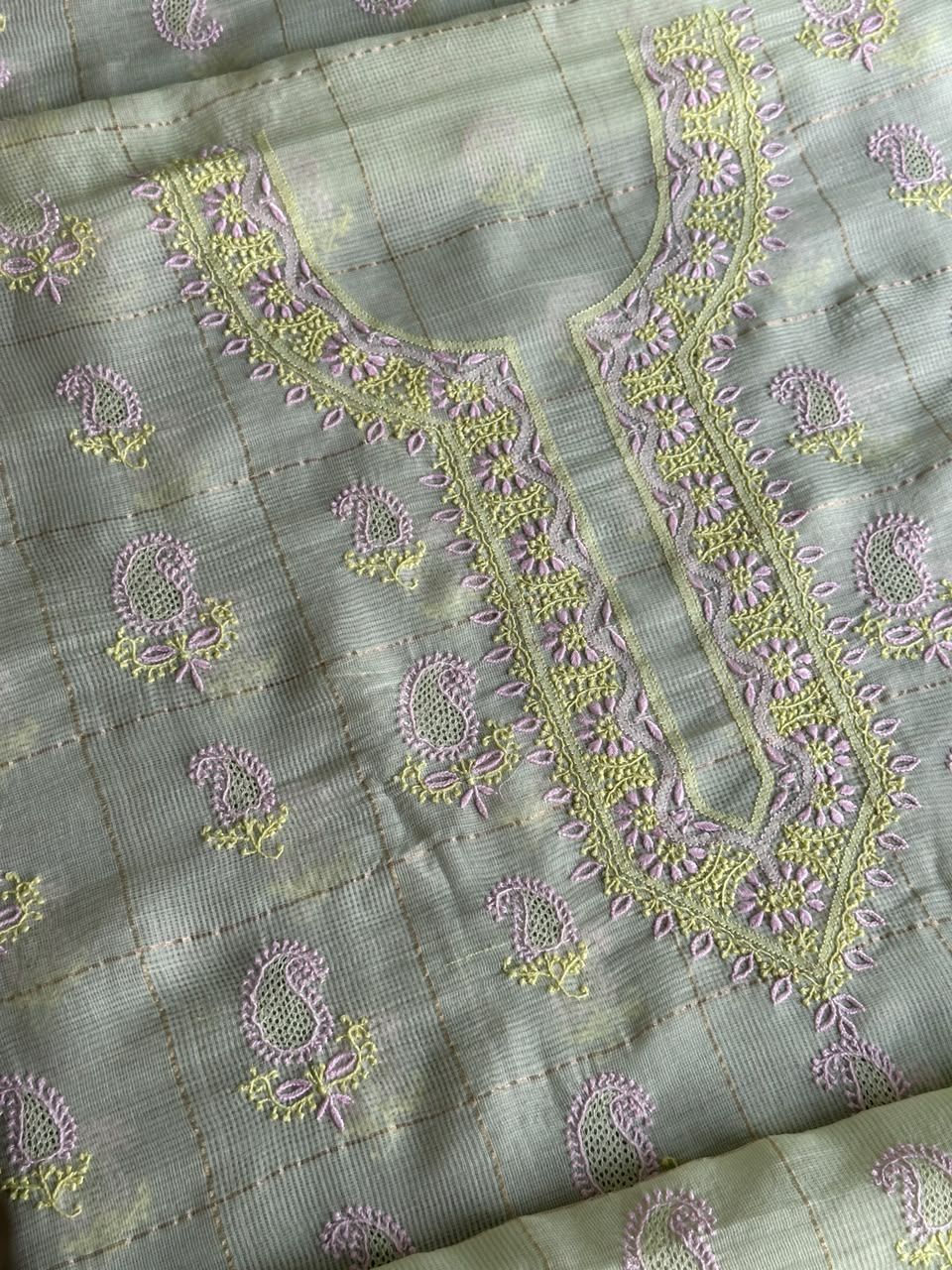 Olive Green Shade Tissue Zari Kota Chikankari Unstitched Fabric