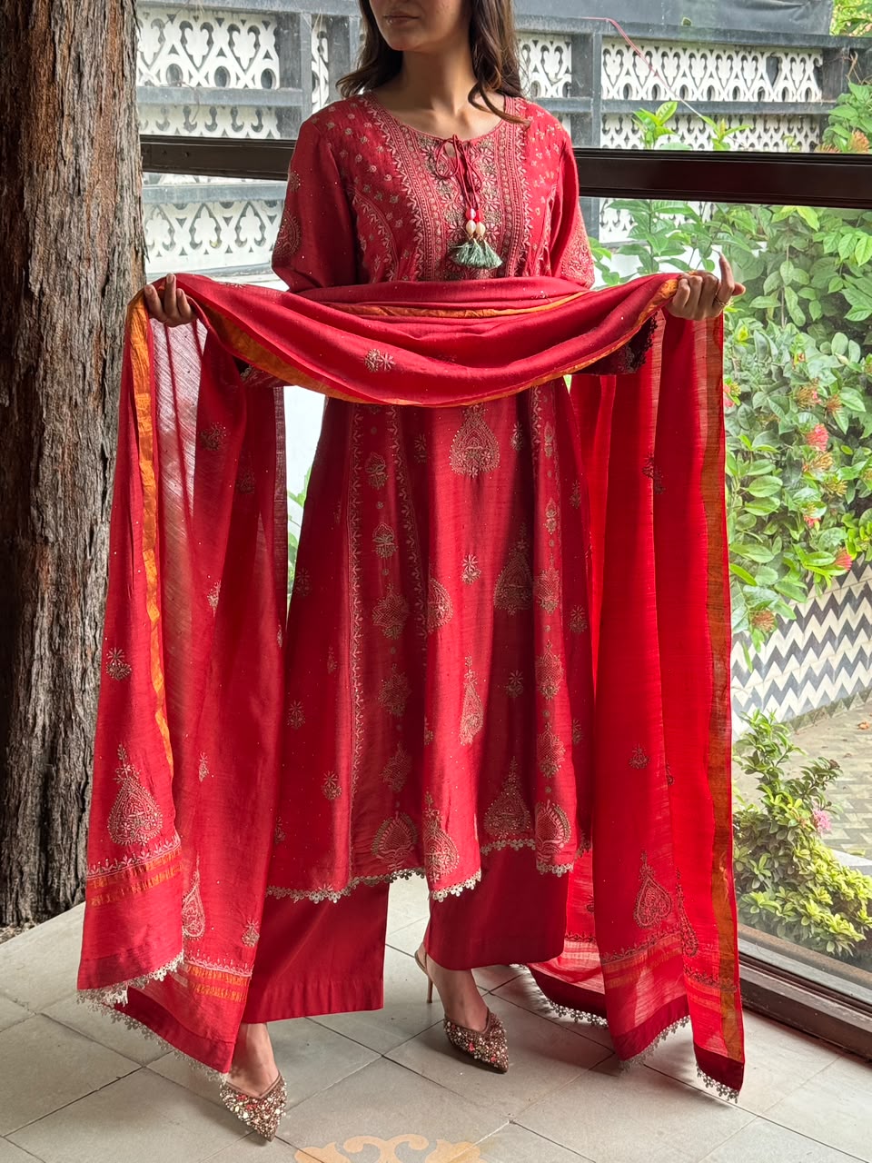 Brick Red Moonga Silk Chikankari Anarkali With Dupatta