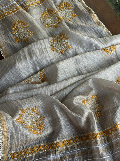 Grey & Mustard Shade Tissue Kota Chikankari Unstitched Fabric
