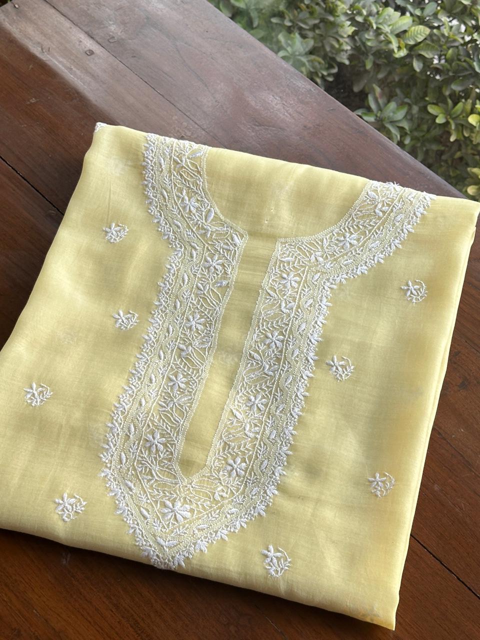 Lemon Yellow Mulmul Chikankari Unstitched Men's Kurtas Fabric