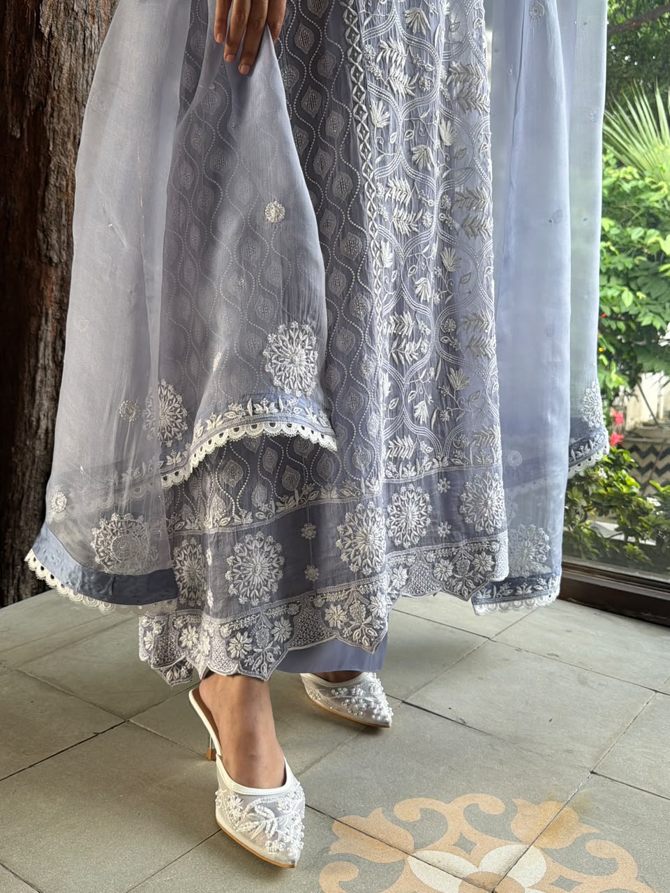 Mauve Blue Shade Cutwork Noor Organza Chikankari Anarkali
