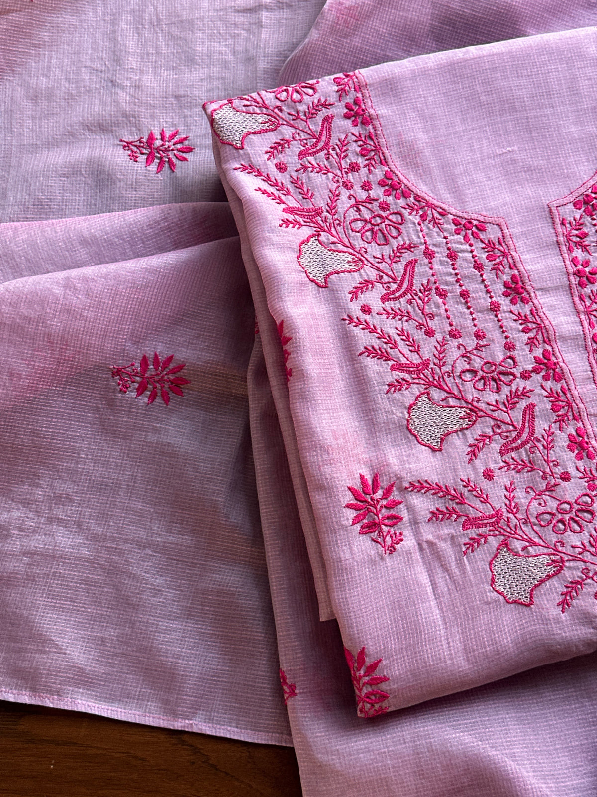 Mauve Pink Shade Kota Chikankari Unstitched Suit Fabric