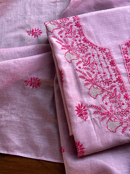 Mauve Pink Shade Kota Chikankari Unstitched Suit Fabric