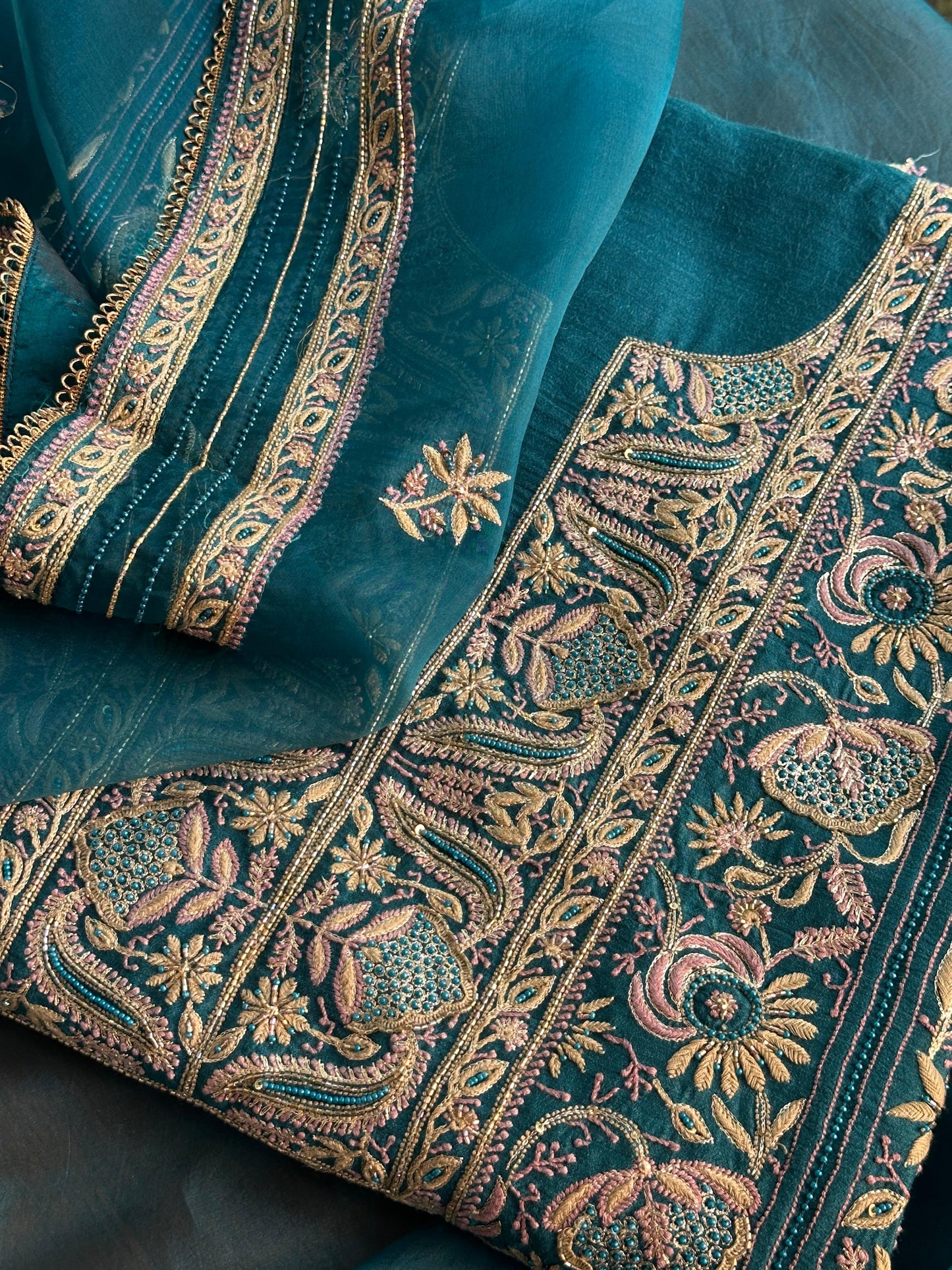 Peacock Blue Shade Moonga Silk Chikankari Unstitched Fabric