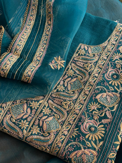Peacock Blue Shade Moonga Silk Chikankari Unstitched Fabric