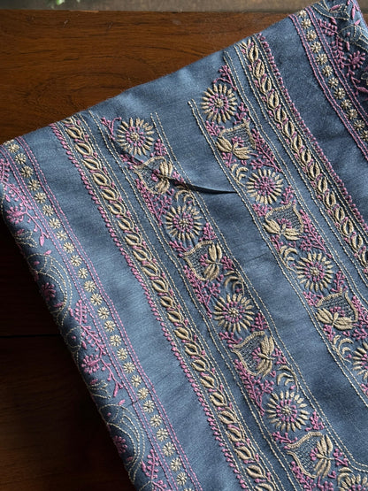 Blue Shade Moonga Silk Chikankari Men’s Kurta Fabric