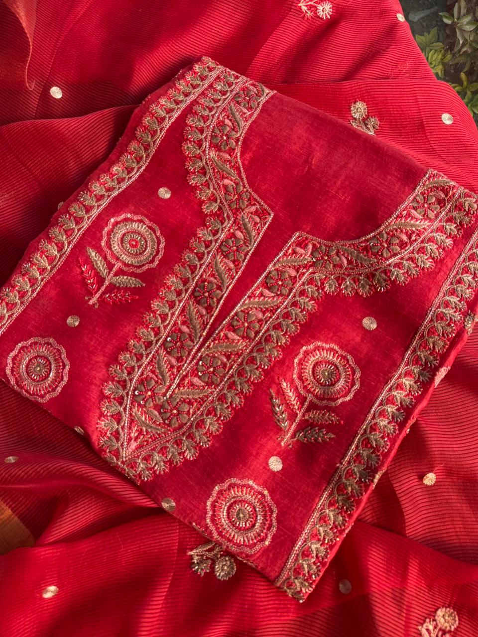 Brick Red Linen Silk Chikankari With Ari Work Unstitched Kurta Dupatta Set