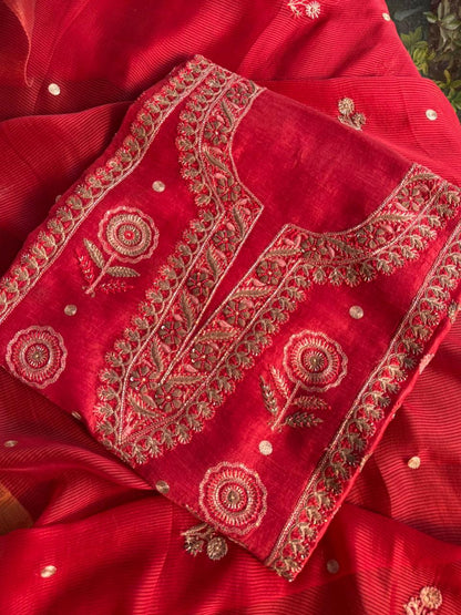 Brick Red Linen Silk Chikankari With Ari Work Unstitched Kurta Dupatta Set