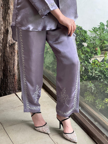 Purplish Grey Satin Shimmer Chikankari Co-Ord Set