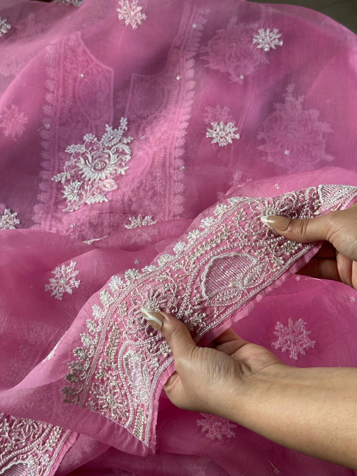 Pink Shade Noor Organza Silk Chikankari Unstitched Kurta Dupatta Set