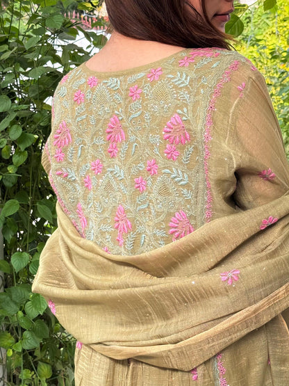 Mehndi Green Tissue Silk Chikankari Angarkha