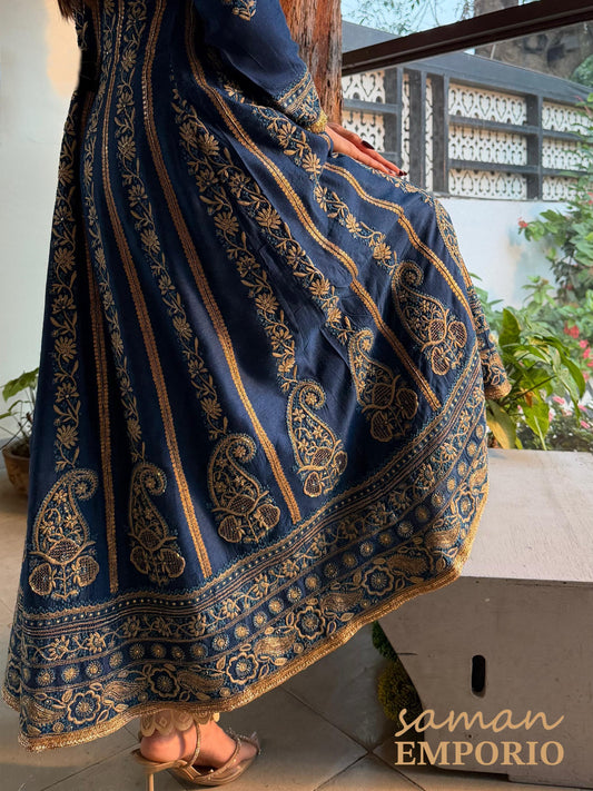 Roheen Blue Moonga Silk Chikankari Anarkali With Dupatta