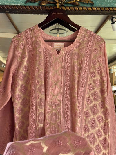 Onion Pink Zari Chanderi Chikankari A Line Kurta with Slip