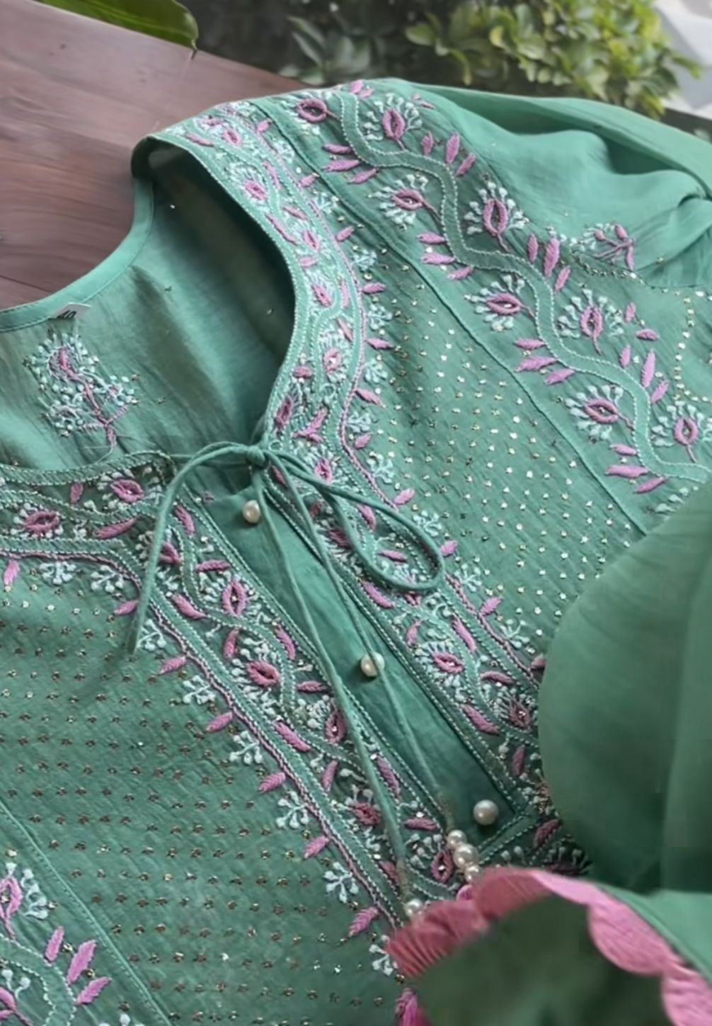 Green & Soft Pink Shade | Malmal Mukaish Kamdani Chikankari Stitched Kurta Dupatta Set