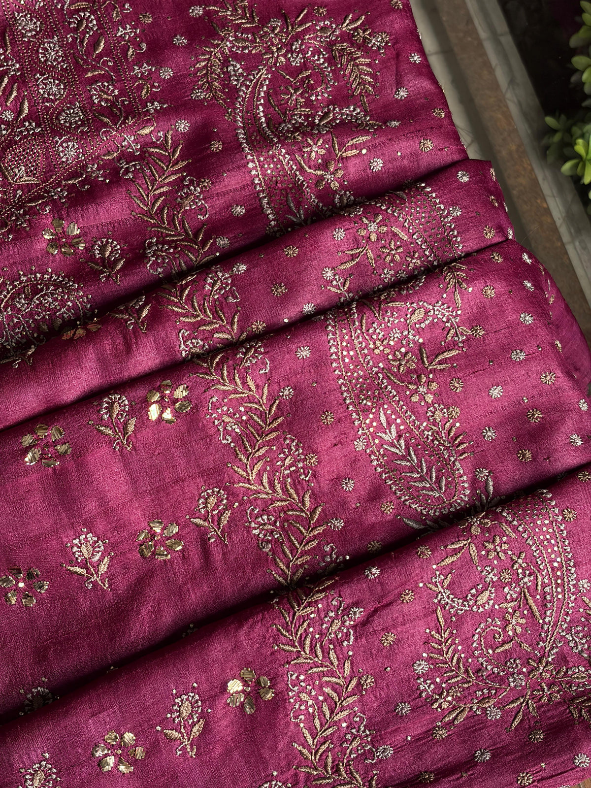 Plum Shade Roheen Tussar Silk Chikankari Fabric