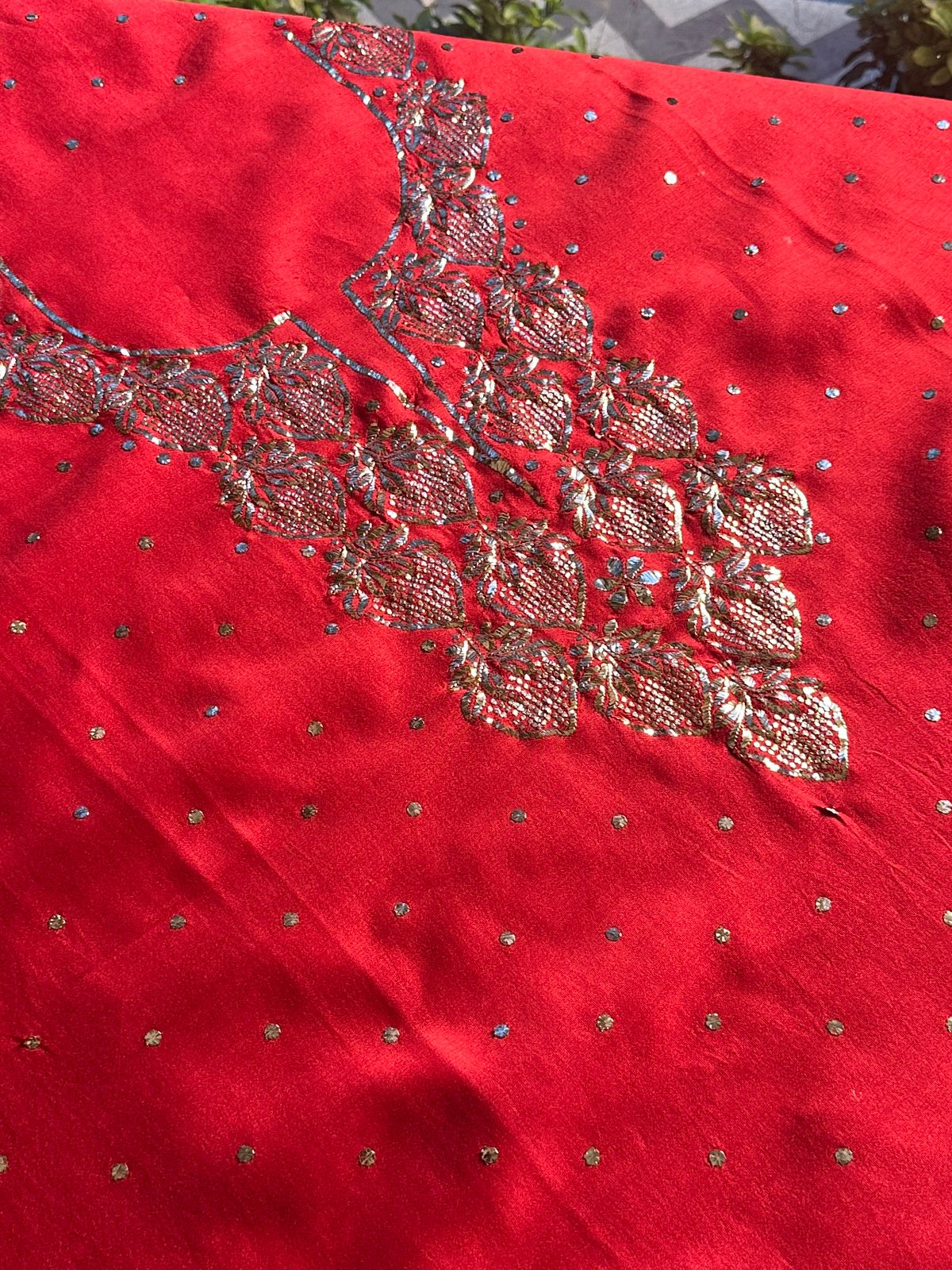 Red Chanderi Silk Mukaish Badla Unstitched Fabrics