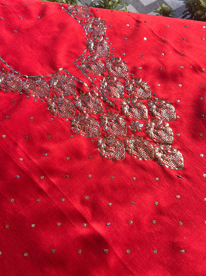 Red Chanderi Silk Mukaish Badla Unstitched Fabrics