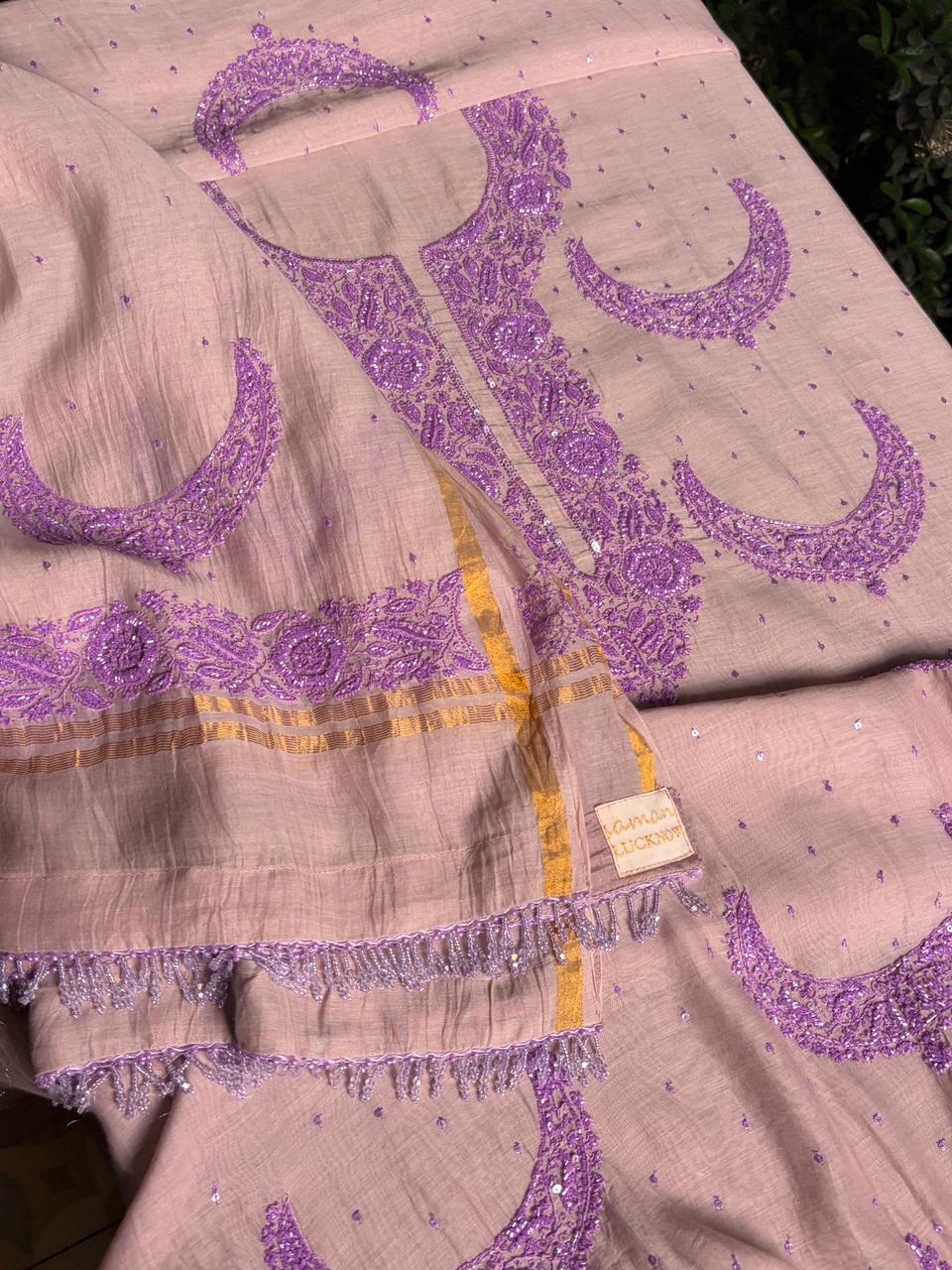 Latte Purple Crescent Chandbala Chikankari Unstitched Fabric