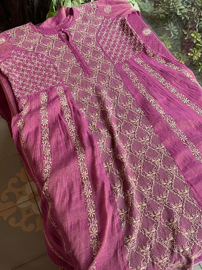 Solid Pink Shade | Tissue Silk Chikankari Jaali Work Kurta Set