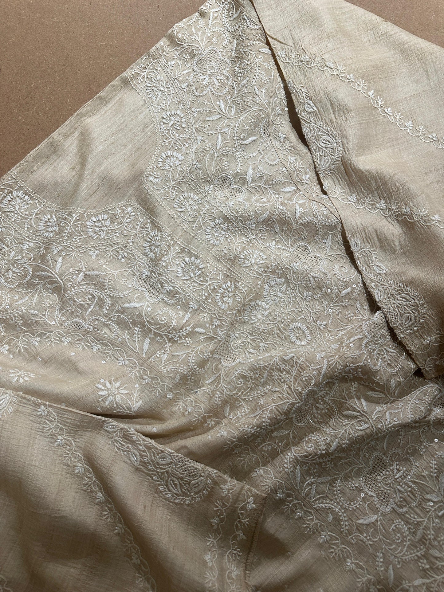 Semi Stitched Natural Shade Tussar Silk Chikankari Kurta Dupatta Set