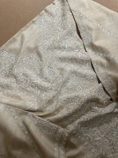 Semi Stitched Natural Shade Tussar Silk Chikankari Kurta Dupatta Set