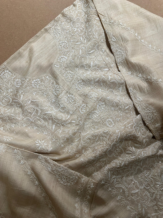 Semi Stitched Natural Shade Tussar Silk Chikankari Kurta Dupatta Set