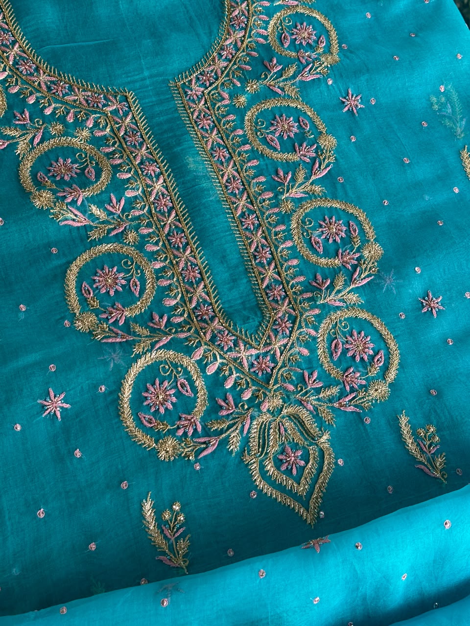 Peacock Blue Organza Banarasi Silk Chikankari Unstitched Kurta Dupatta Set