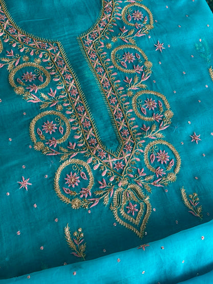 Peacock Blue Organza Banarasi Silk Chikankari Unstitched Kurta Dupatta Set