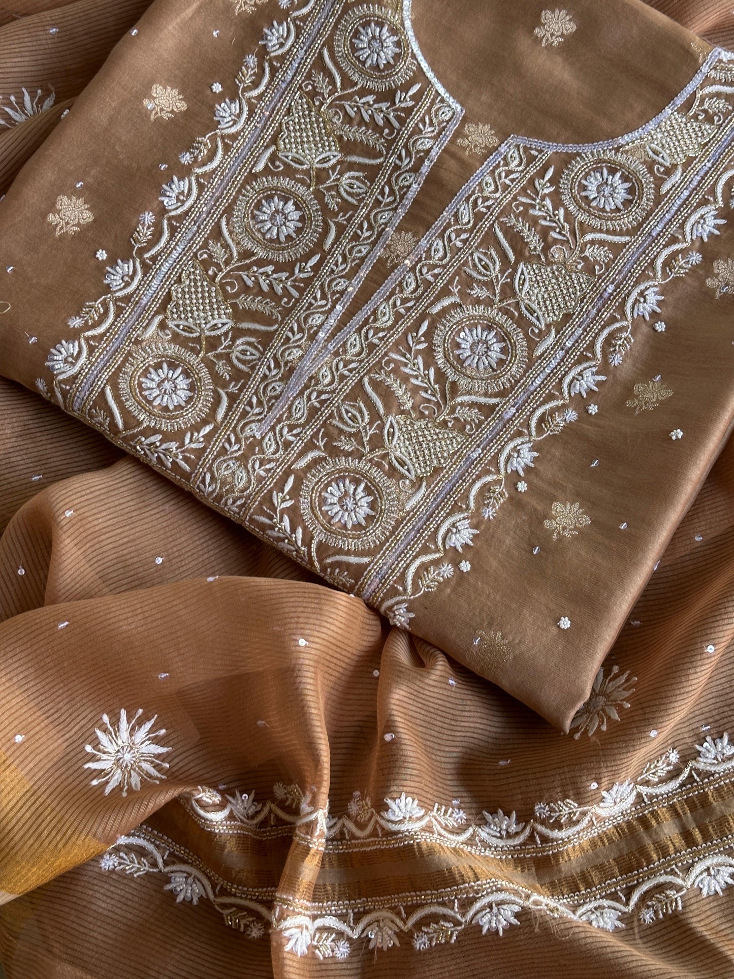 Tobacco Brown Shade Banarasi Zari Chanderi Unstitched Chikankari Fabric