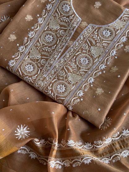 Tobacco Brown Shade Banarasi Zari Chanderi Unstitched Chikankari Fabric