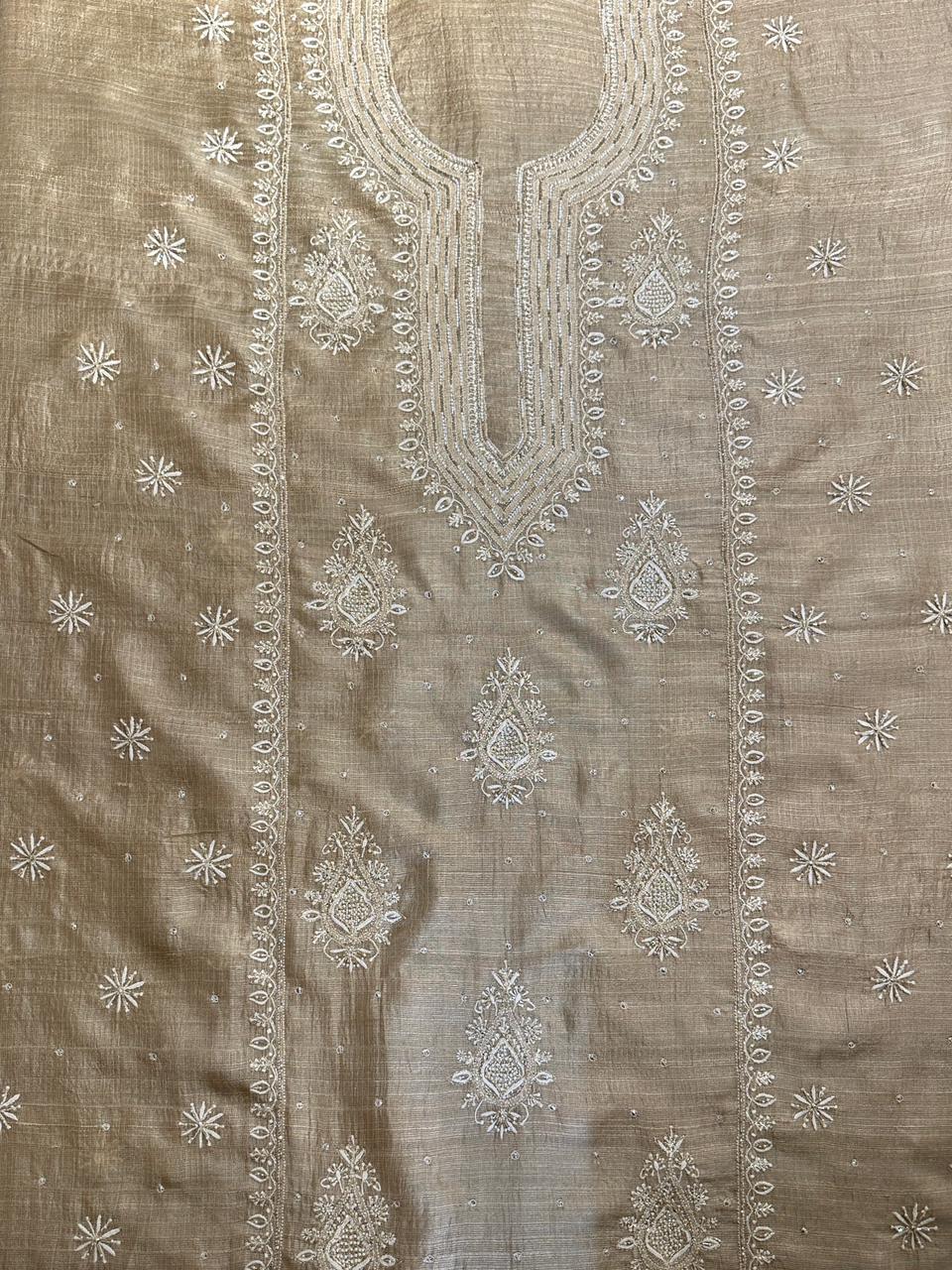 Beige Rasm Tussar Kota Chikankari Unstitched Chikankari Fabric