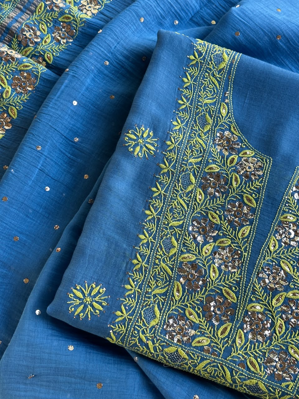 Blue & Green Shade Mal Cotton Chikankari Unstitched Kurta Dupatta Fabric With Mukaish Badla