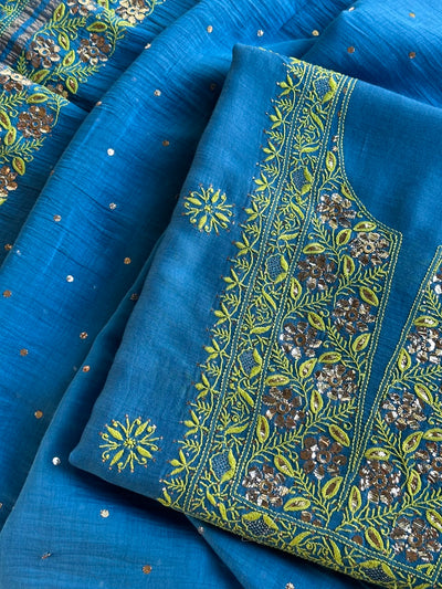 Blue & Green Shade Mal Cotton Chikankari Unstitched Kurta Dupatta Fabric With Mukaish Badla