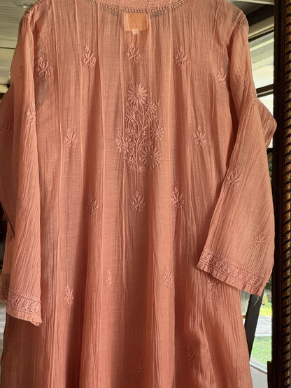 Coral Peach Zari Chanderi Chikankari A Line Kurta with Slip