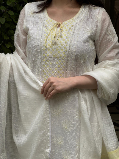 White & Lemon Shade Kota Pearl Work Chikankari Kurta Set