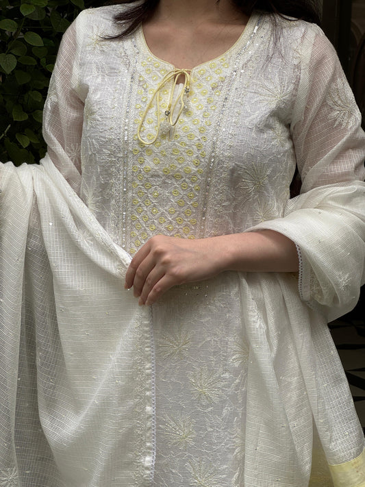 White & Lemon Shade Kota Pearl Work Chikankari Kurta Set