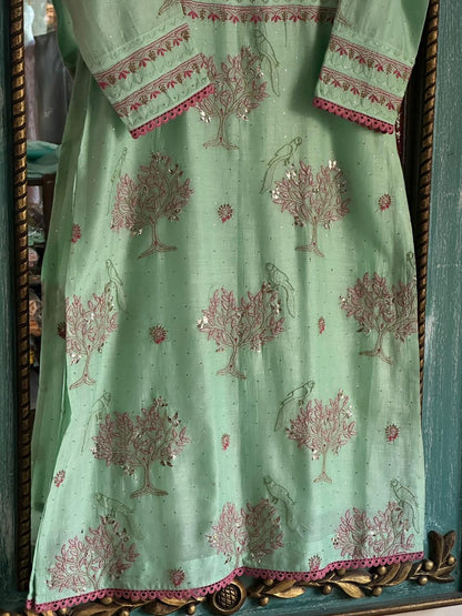 Sea Green Mal Mukaish Kamdani Chikankari Kurta Dupatta Set
