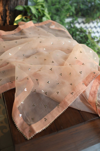 Peach Shade Noor Organza Silk Badla Unstitched Kurta Dupatta Set