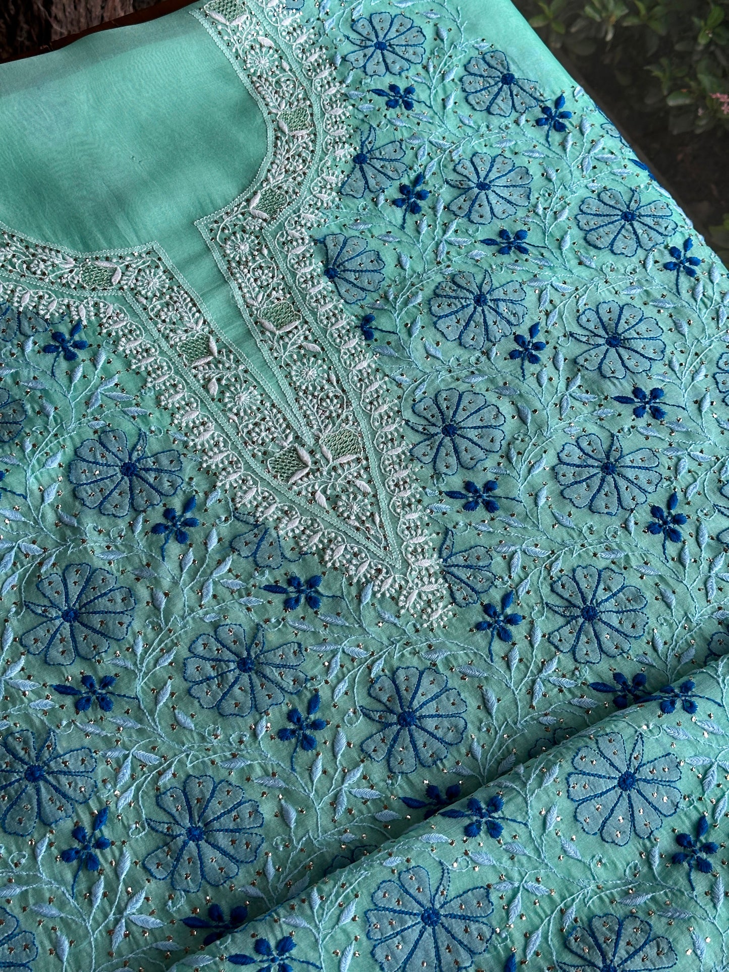 Blue Noor Organza Silk Chikankari With Kamdani Fabric