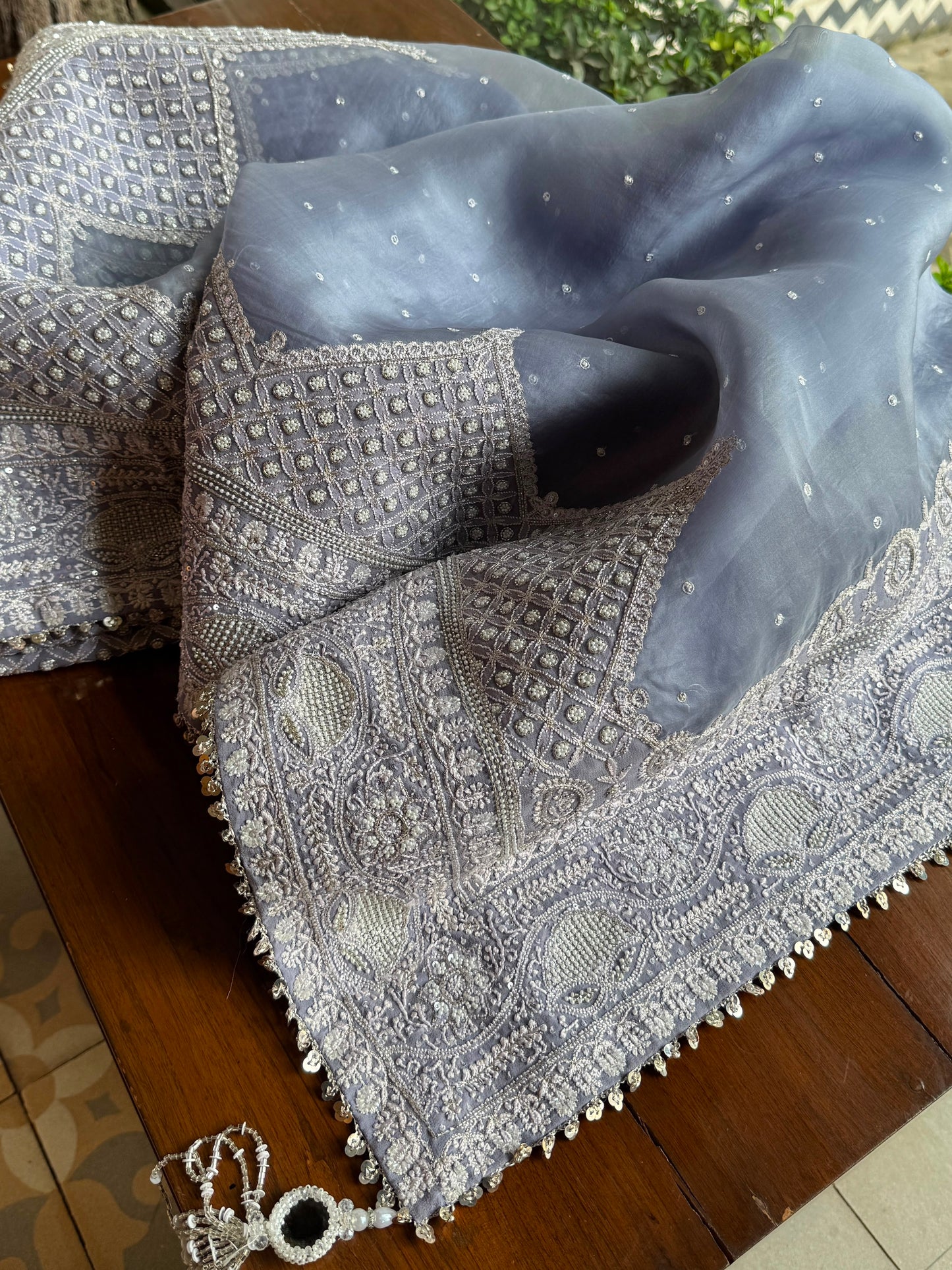 Noor Mauve Blue Chikankari Saree With Blouse