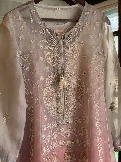 Grey & Pink Ombre Shade Noor Organza Chikankari Anarkali